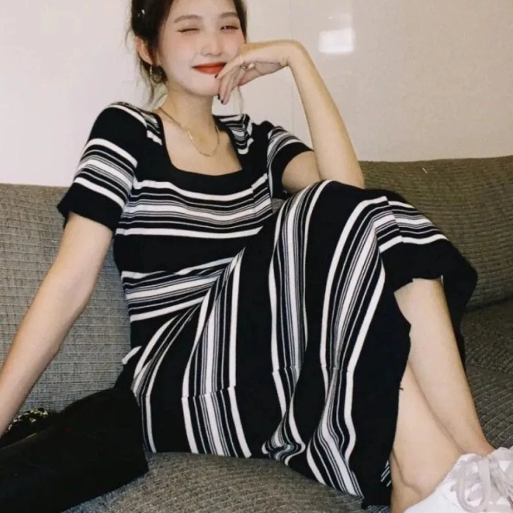 

Korean Style Square Neck Stripe Long Dress Simple Slim Fit Short Sleeve Dresses Spicy Girl Beachwear Stripe Knitted Dress Ladies
