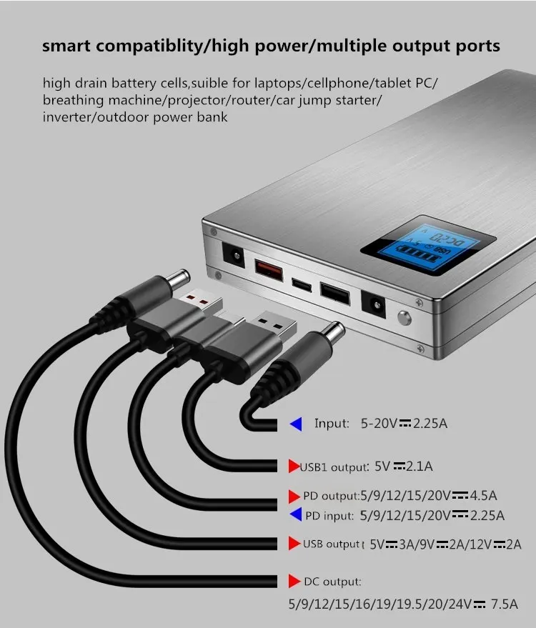 5V/9V/12V/15V/16V/19V/19.5V/20V/24V Li 120ah PD Type-C USB QC3.0 Battery for Laptop Cellphone Power Source