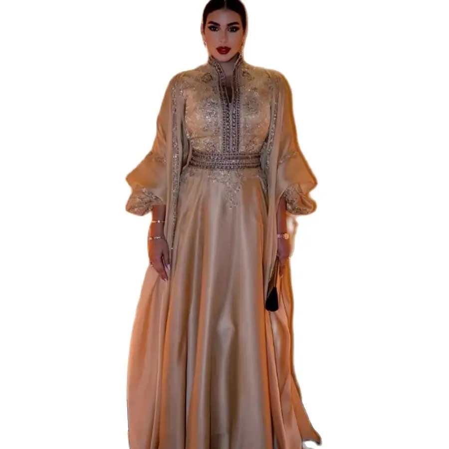 Luxury Golden Arabic Evening Dress Long Sleeve A Line Beaded Formal Prom Dresses Special Occasion Ladies Party Turkey Customzied