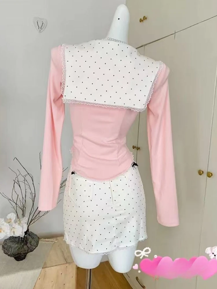 الخريف كلية نمط لوليتا المرأة قطعتين مجموعة الحلو الفرنسية Y2k مجموعة القوس بلوزات بأكمام طويلة + البولكا نقطة تنورة صغيرة الزي 2025 #3