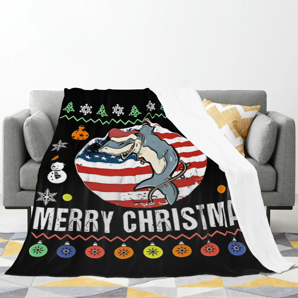 Santa Shark Grunge American Flag Christmas Ugly Sweater US Flag Christmas Blanket Sofa Bedroom Bed Home Office Nap Blanket