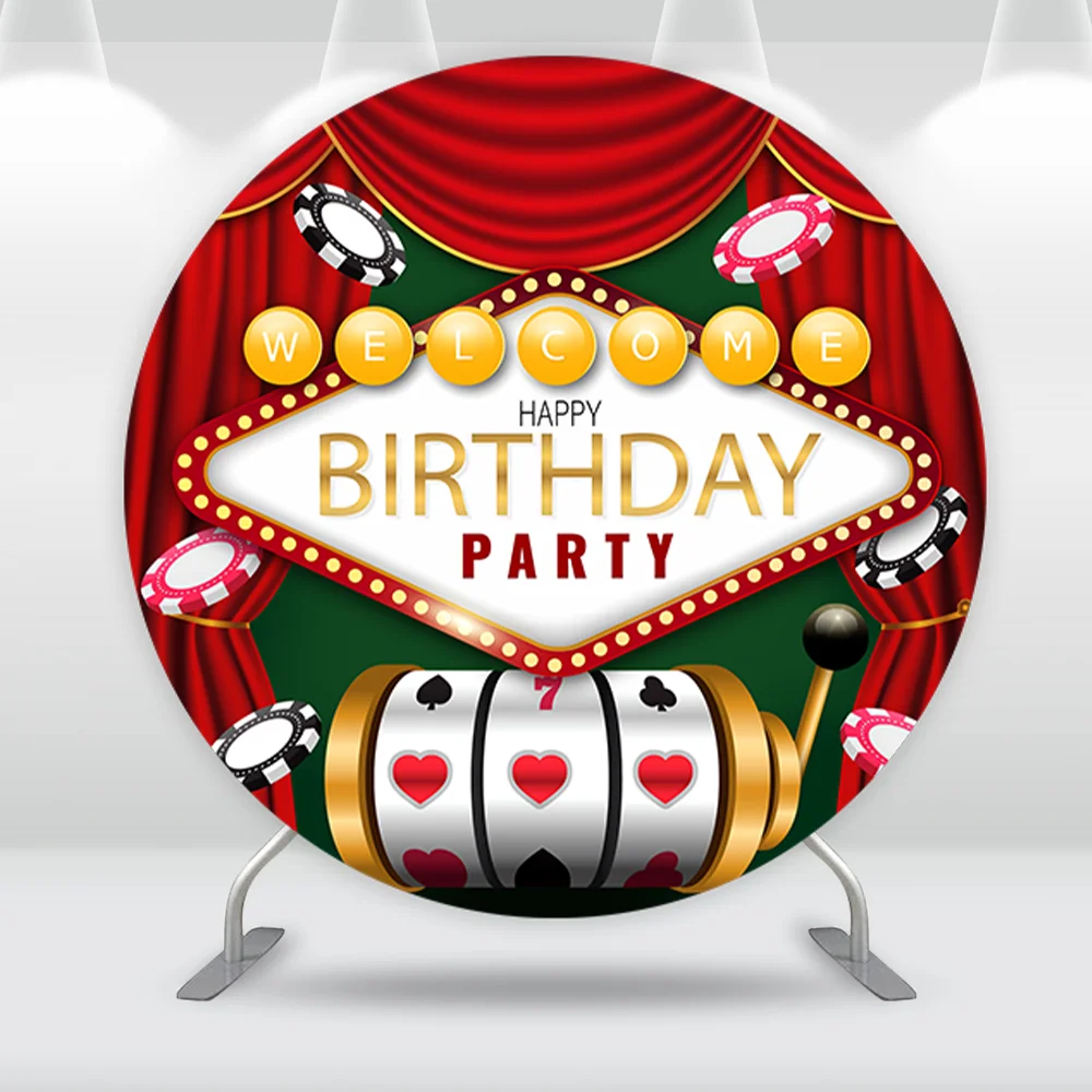 Toile de fond ronde de fête de casino, rideaux rouges, thème de poker de Las Vegas, couvertures d'intervalles circulaires, décoration de fête d'anniversaire pour garçon