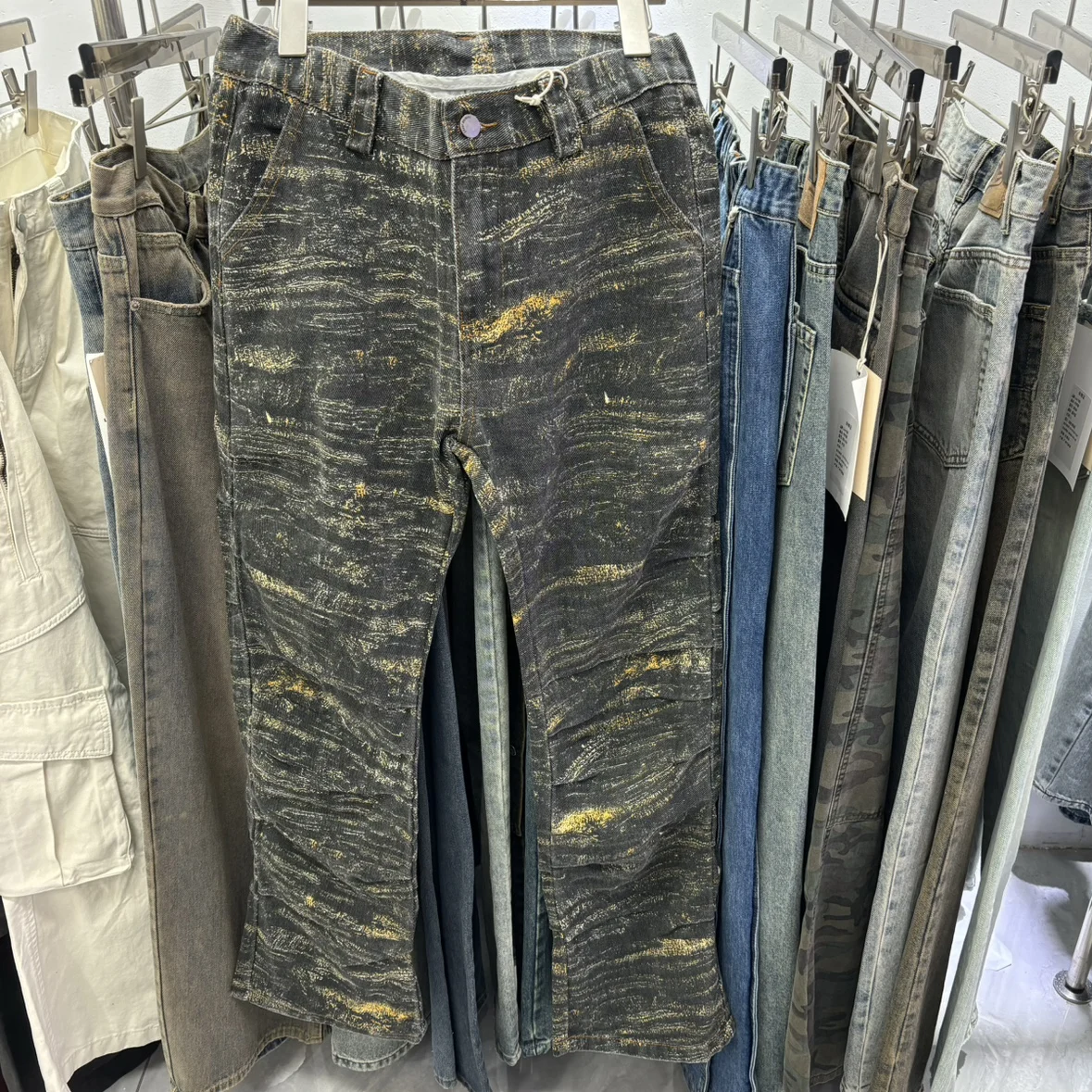 

American High Street Vibe Camouflage Denim Pants Straight Leg Bell Bot Loose Slimming Long Trousers ex Casual Workwear