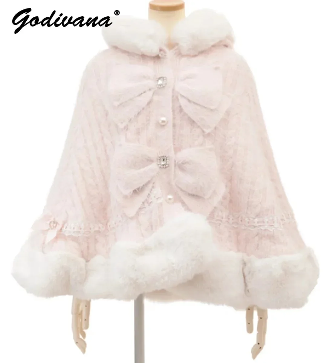 Japońska Liz Sweet Princess Faux Rabbit Fur Cape Coat Women Jesienno-zimowa kurtka futrzana Loose Clock Rhinestone Bow Hooded Coat