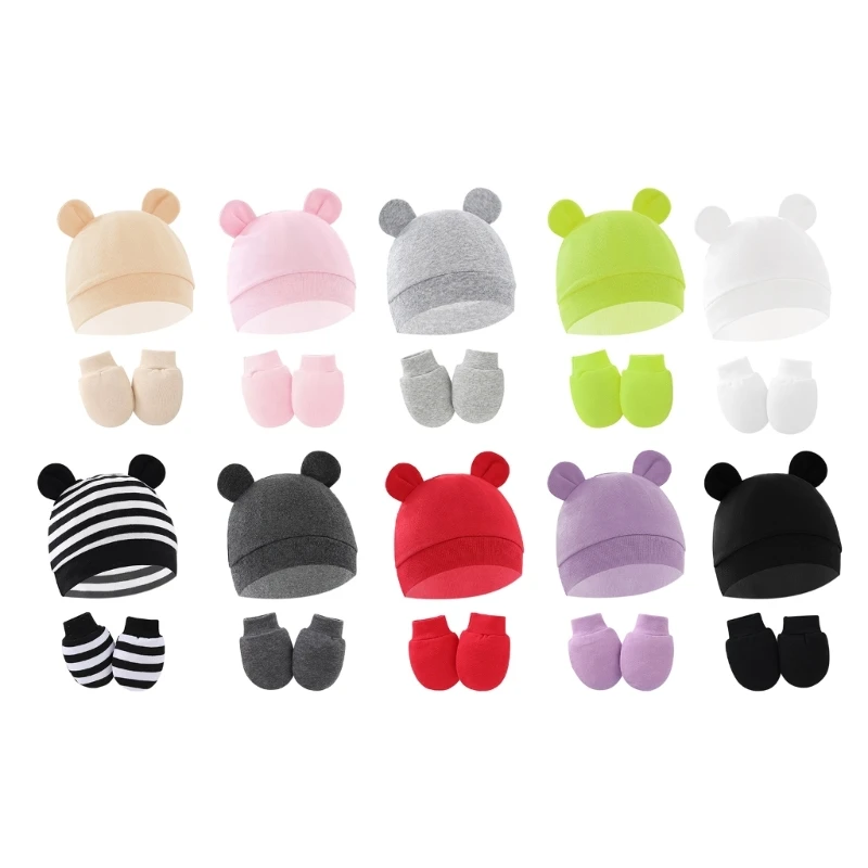 57EE 2-in-1 Newborn Hat Baby Mittens Scratchproof Gloves Skin-Friendly Baby Product