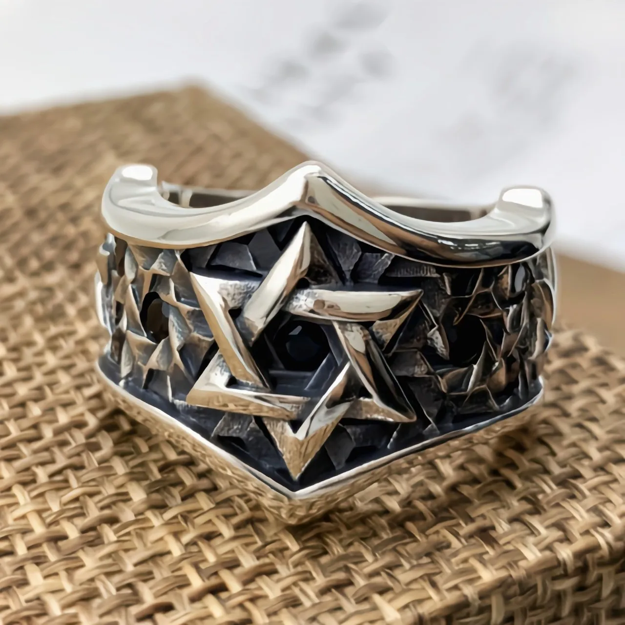 

S925 pure silver hexagonal star ring, retro male personality, European and American punk trend, trendy Thai silver ring