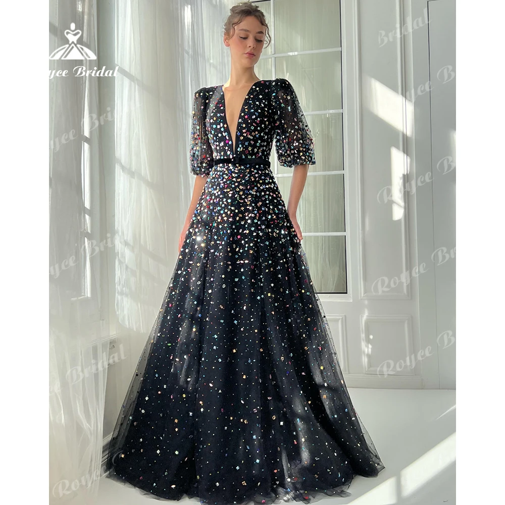 

Glam Multicolor Rhinestone Long Prom Dress A Line Tulle V Neck Evening Dress Half Sleeve Women's formal evening gowns Customized