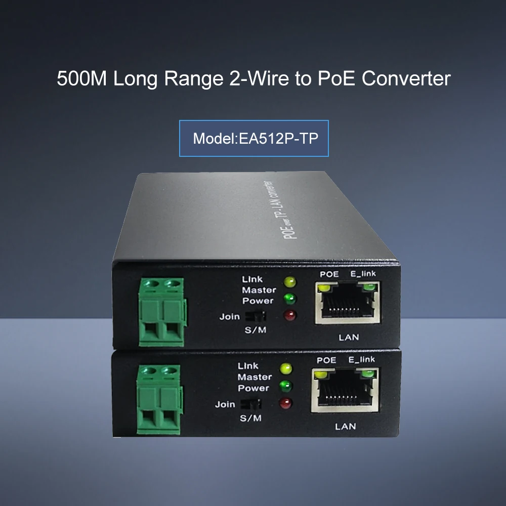 Conversor de repetidor Ethernet sobre par torcido, extensor PoE de 2 fios para câmera IP, longa distância de 500m, 10 Mbps, 100Mbps