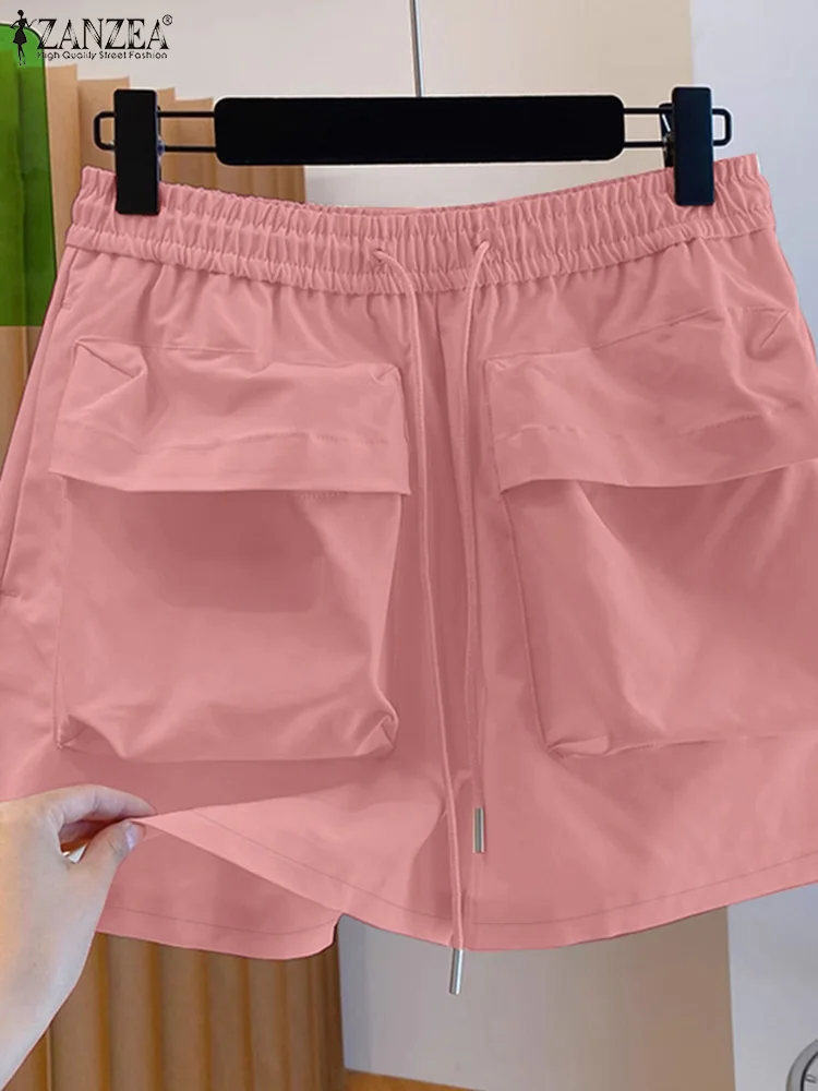Zanzea moda shorts feminino 2025 verão cordão elástico na cintura bolsos workwear shorts de perna larga solto cor sólida calças curtas
