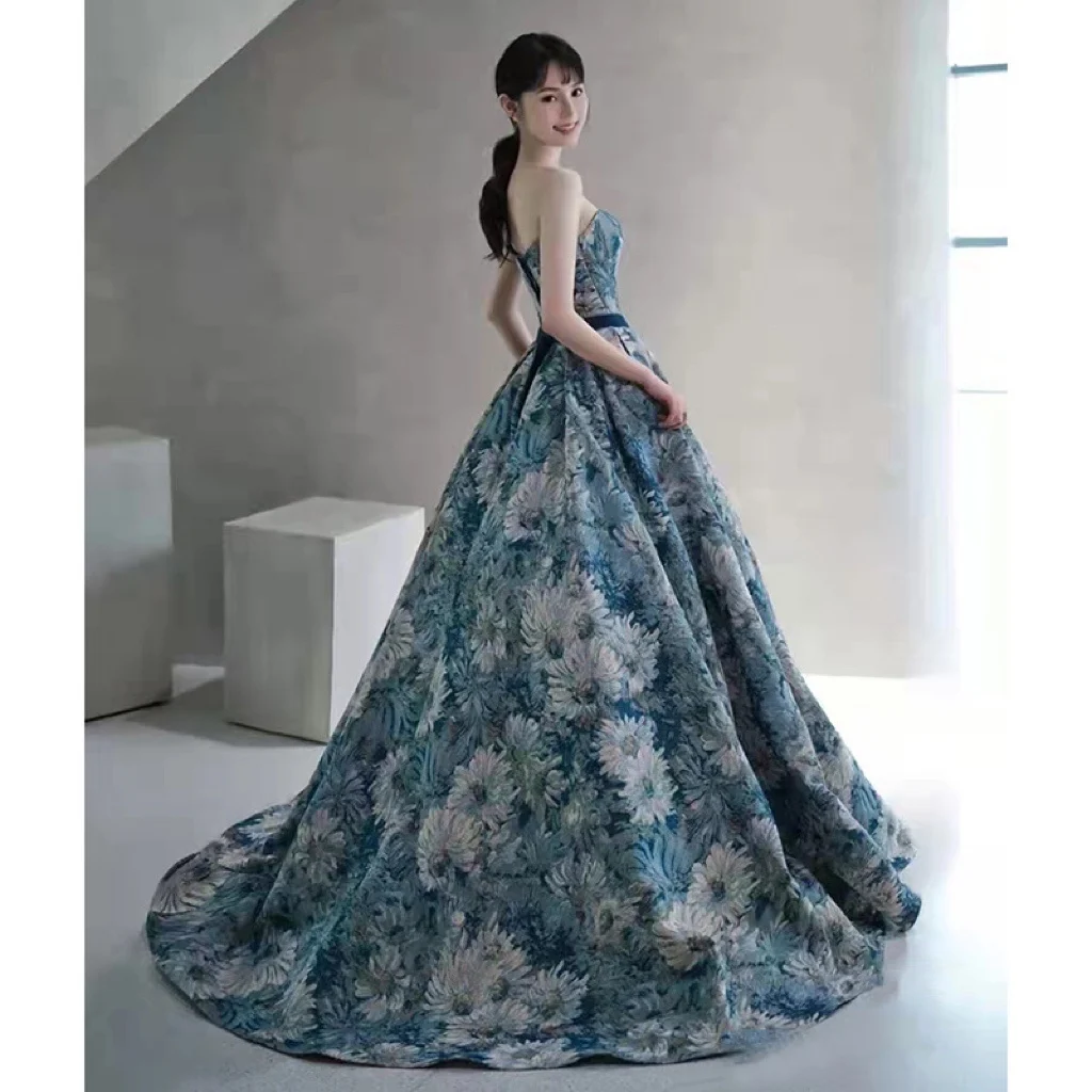 Elegant Flower Evening Dress For Women Blue Green Strapless A-line Pleat Detachable Sleeve Belt Banquet Party Formal Prom Gowns