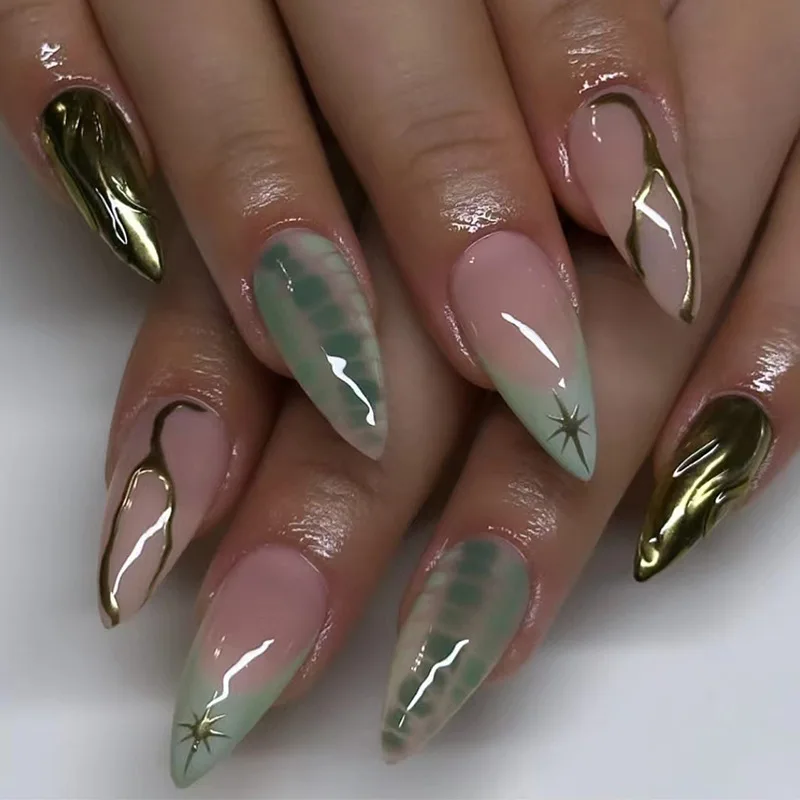 

24PCS Light Green French Press on Nails Full Cover Golden Star Simple Lines Designs Almond Fake Nails for Women Detachable Nails