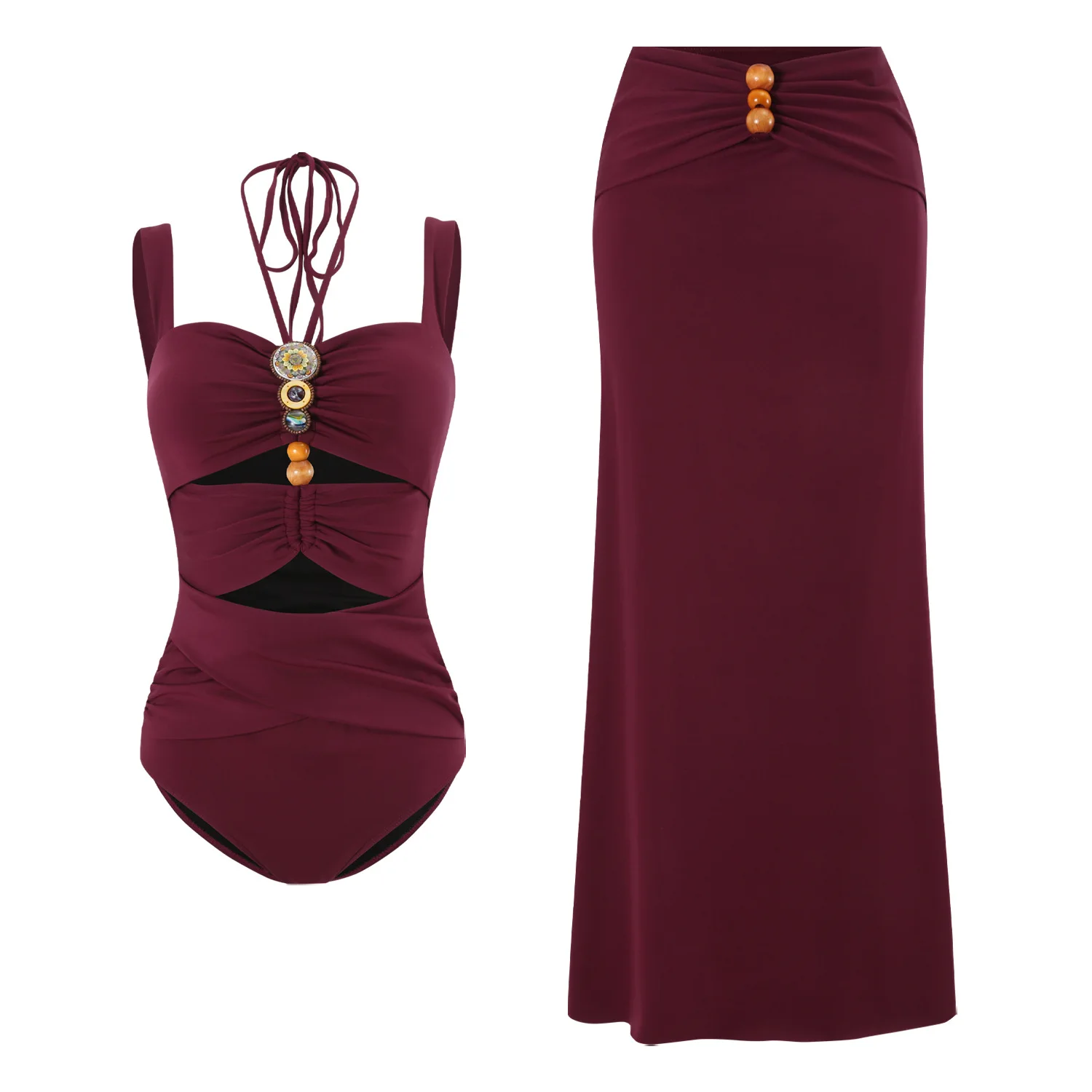 One Piece Swimsuit For Women European And American Swimwear Burgundy Bohemian Beaded Hollow Suit Women