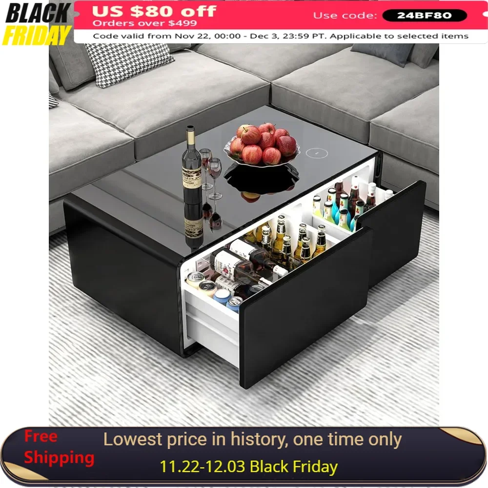 Smart Coffee Table with Built in Fridge, 10W Wireless Charging, USB Chargers and 110V Outlet, 23