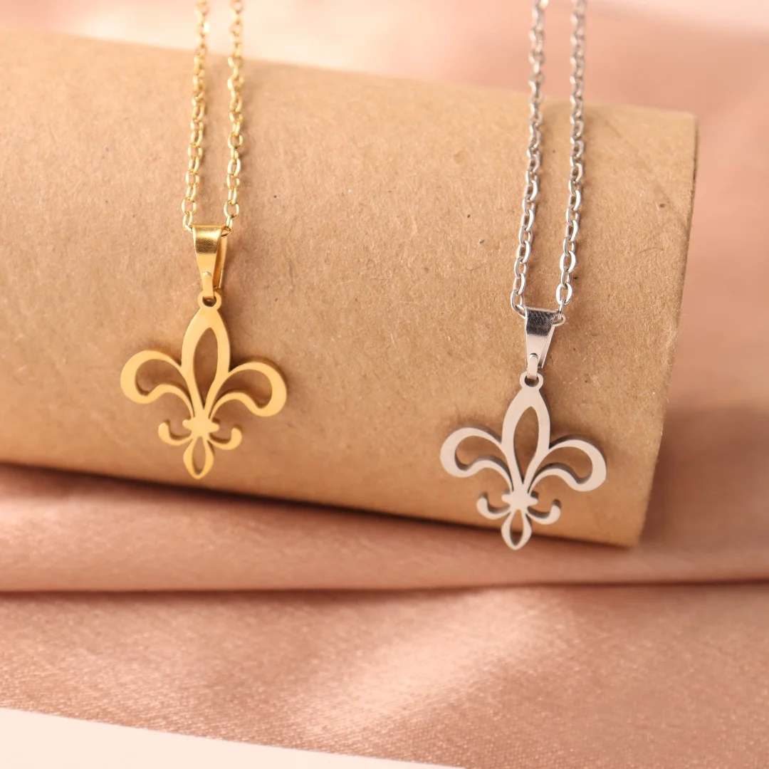 Stainless Steel  Fleur De Lis Necklace Pendant Flower Lily Saint Nicholas Lotus Catholic French Royalty Necklace Women Jewelry