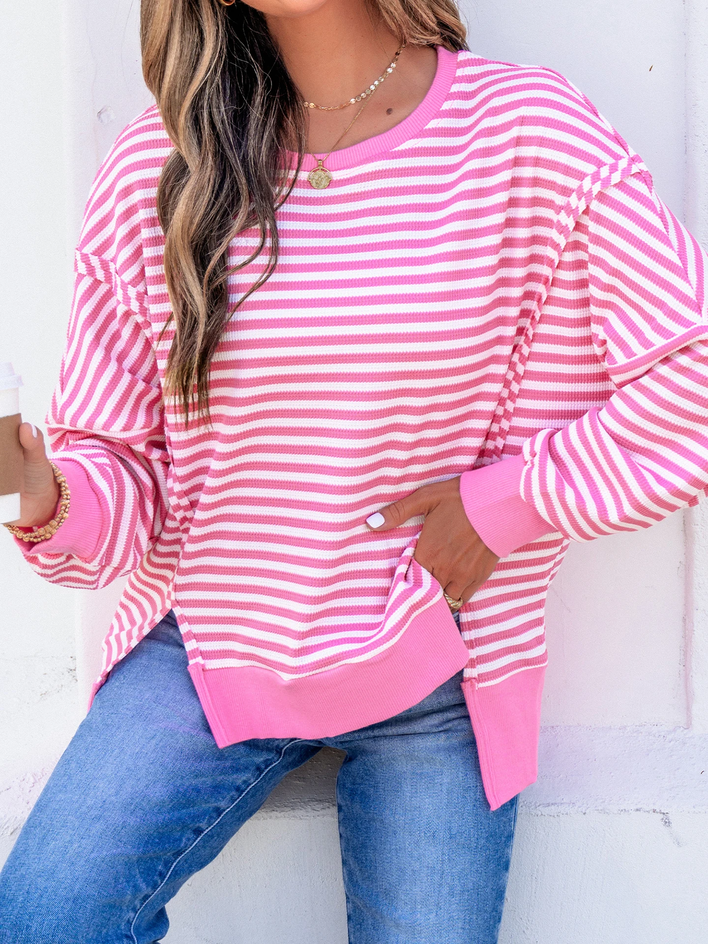 DearLover Casual Stripe Color Block Long Sleeve T-Shirt Women's Spring Autumn New Lazy Style round Neck Loose Fit Top