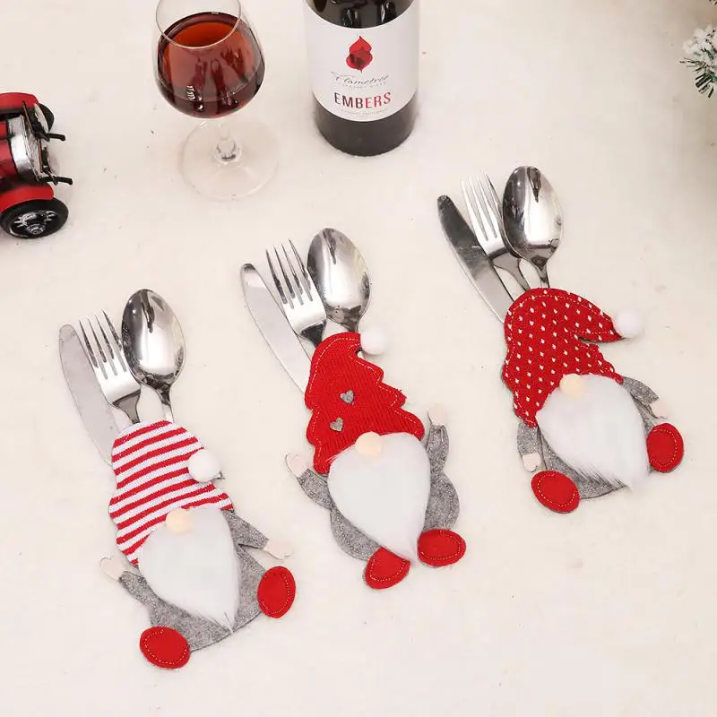 2/4/6PCS Tableware Holder Bag Reusable Christmas Tableware Decor 2023 Cartoon Tableware Covers Xmas Hat Fork Knife Cutlery Bags