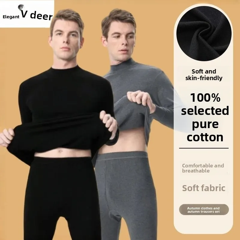 100% 순면 롱존스 수트 남성용 겨울 따뜻한 순면 스웨터 안감 방한 속옷 겨울 파자마 남성용