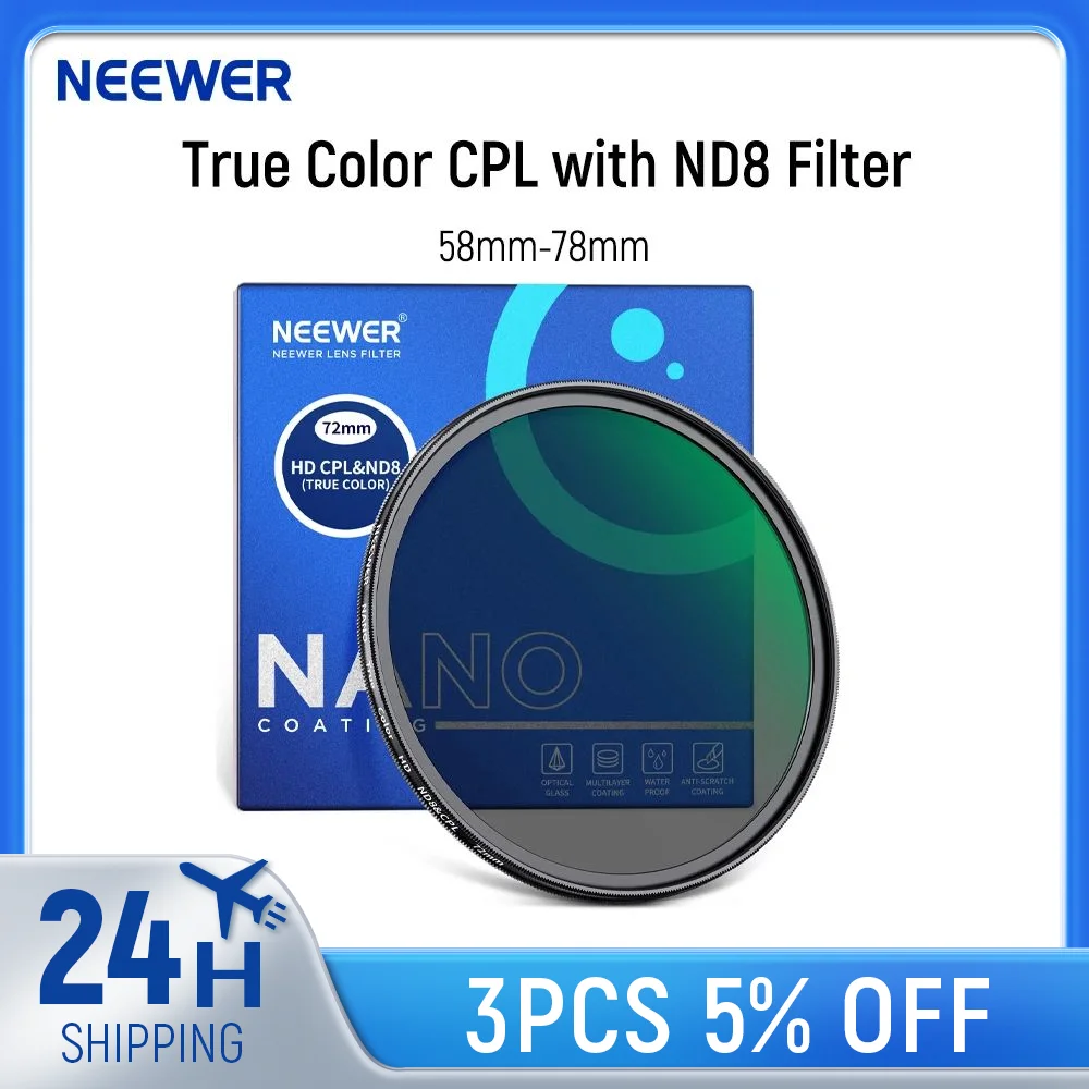 NEEWER  2 in 1 True Color CPL with ND8 Filter 3 Stops ND Filter & Circular Polarizing Filter Combined with Multi Nano Glass