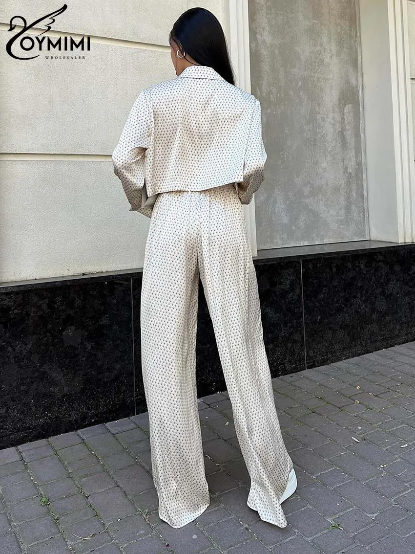 Oymimi Elegant Beige Print 2 Piece Sets Women Outfit Fashion Lapel Long Sleeve Button Shirts + High Waist Straight Trousers Sets