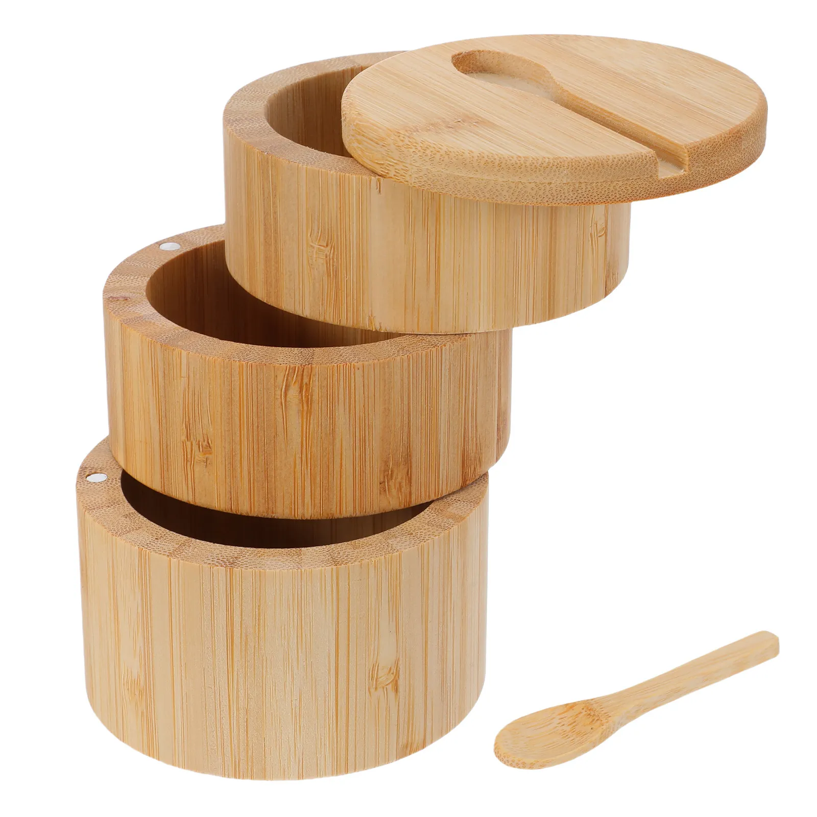 1Set Bamboo Salt Holder 3-Layer Divided Seasoning Canister with Spoon Airtight Lid Kitchen Spice Organizer for Sugar Salt Pepper