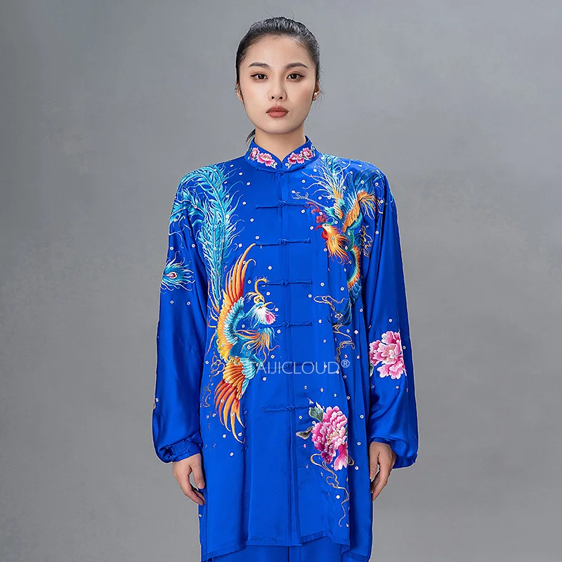 Premium Silk Double Phoenix Embroidery Tai Chi Costume - High-End Wushu Competition & Performance Uniform Set for Groups