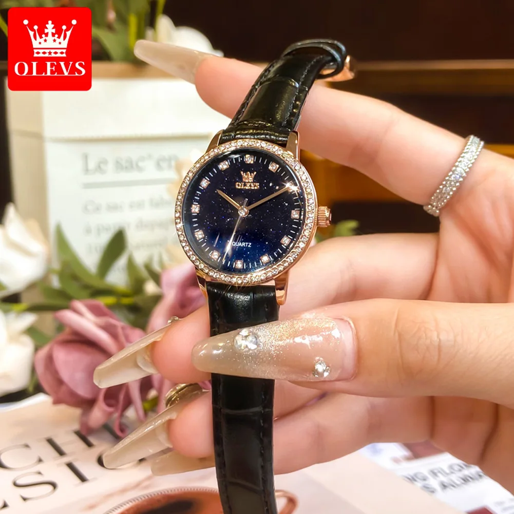 OLEVS 5605 Diamond Starry Sky Dial Quartz Watch For Women Luxury Business Leather Hand Clock Top Brand Waterproof Woman Watches