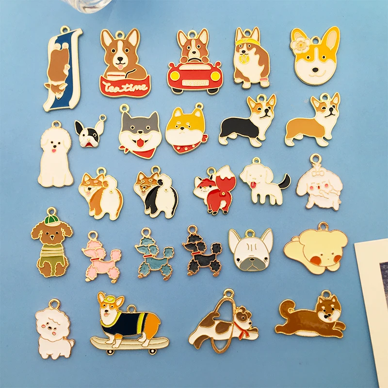 

10pcs/Lot Cute Delicate Dog Corgi Enamel Charm Mix26pcs Animal Pendant Necklaces Earrings DIY Jewelry Making Craft Accessories