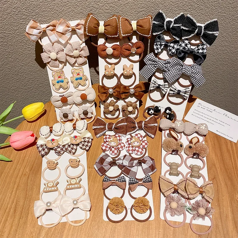 10pcs/set Children's Hair Loop Coffee Colored Bow Tie Rubber Band Cute Sweet Cartoon Pattern Hair Accessory for Girls Kids