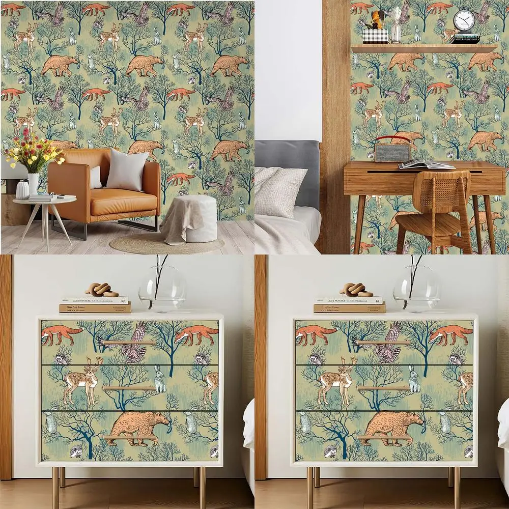 Custom PVC Self Adhesive Wallpaper with Bear Fox Forest Animal Snail Decorative Wall Stickers Backed Art Wallpaper