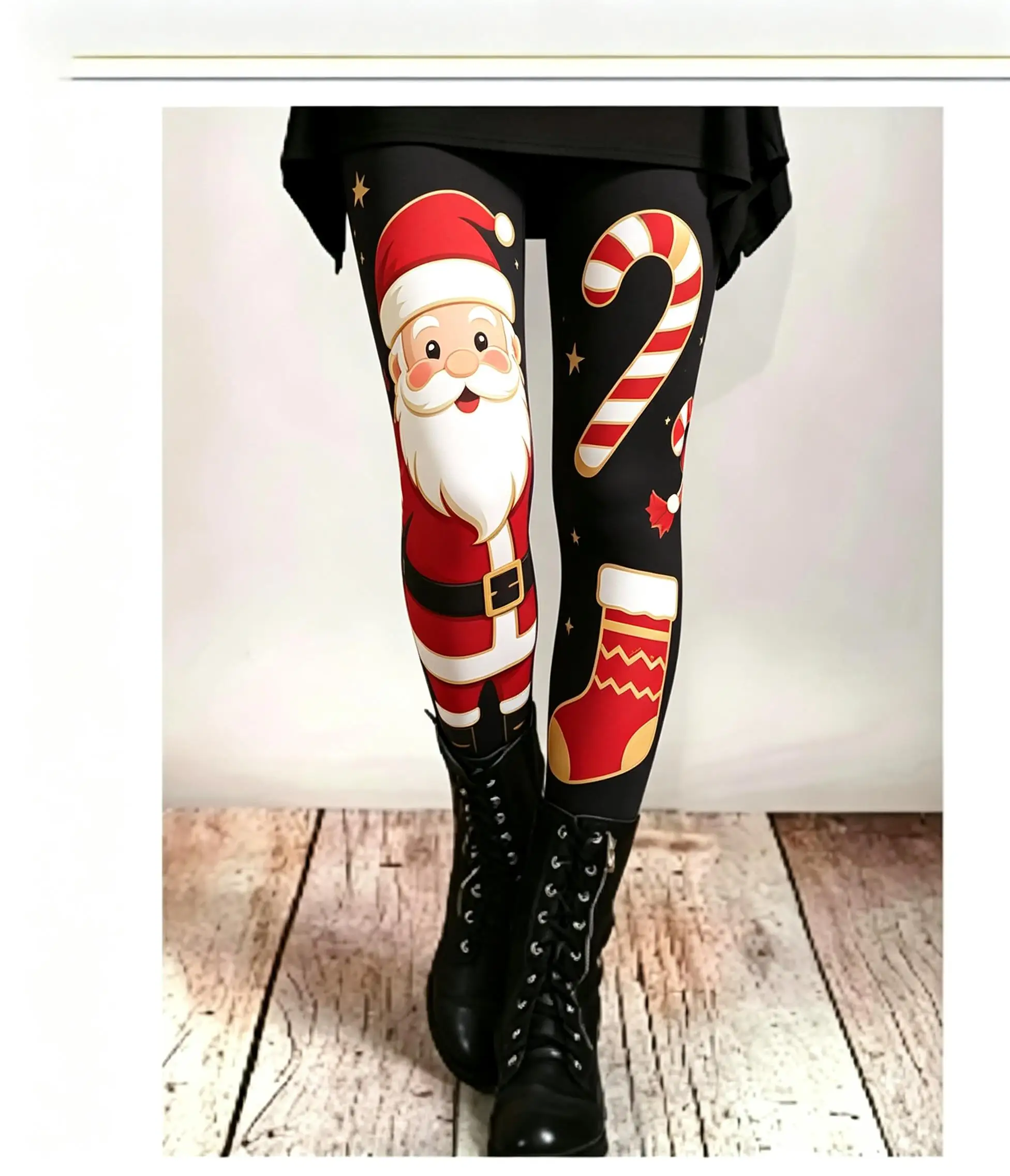 Women Fleece-Lined Mid-Rise Leggings Gingerbread Man Candy Cane Print Slim Fit Warm Casual Pants