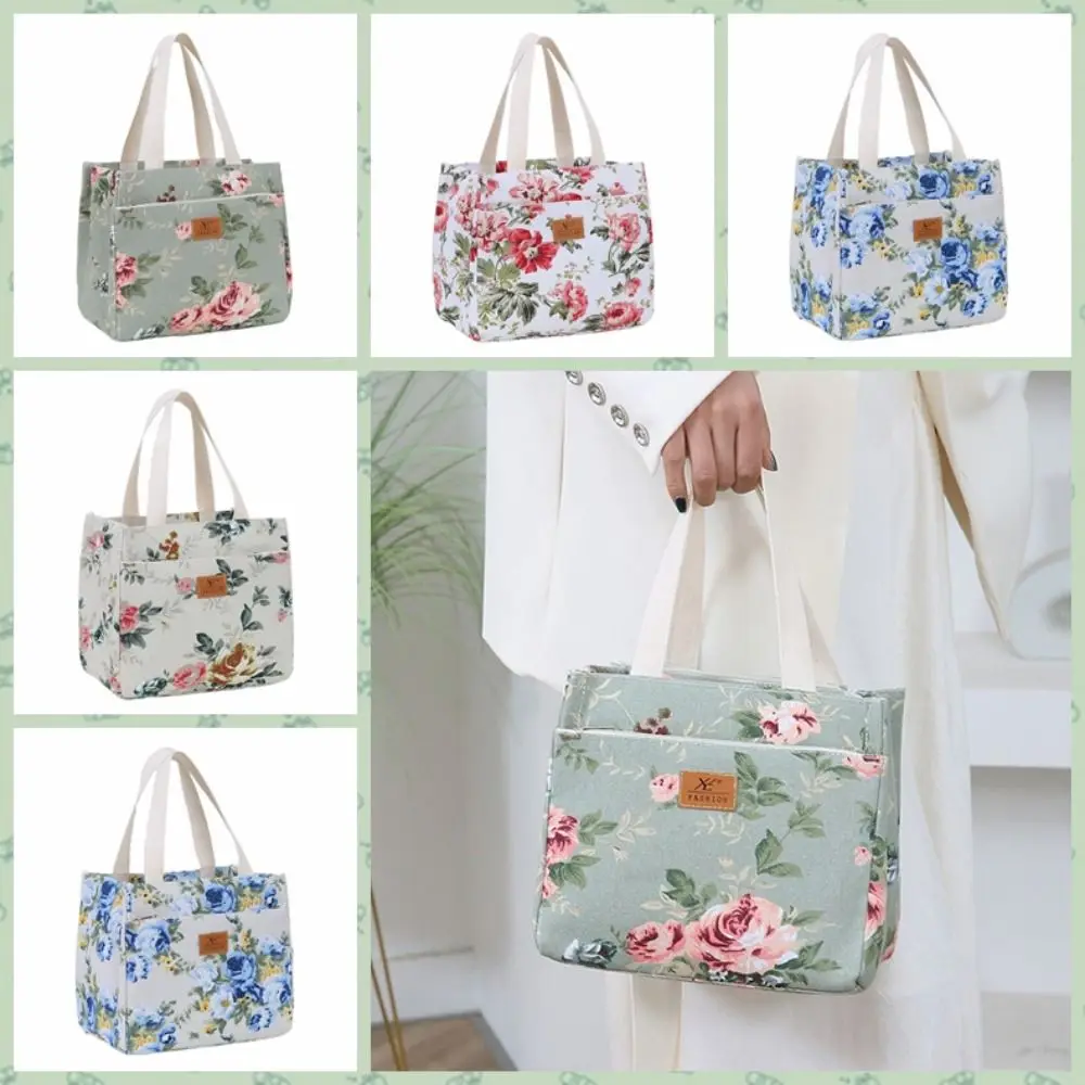 

Insulated Floral Print Lunch Bag Zippered Foil Lining Handbag Large Capacity Japanese Style Thermal Picnic Bag Outddor