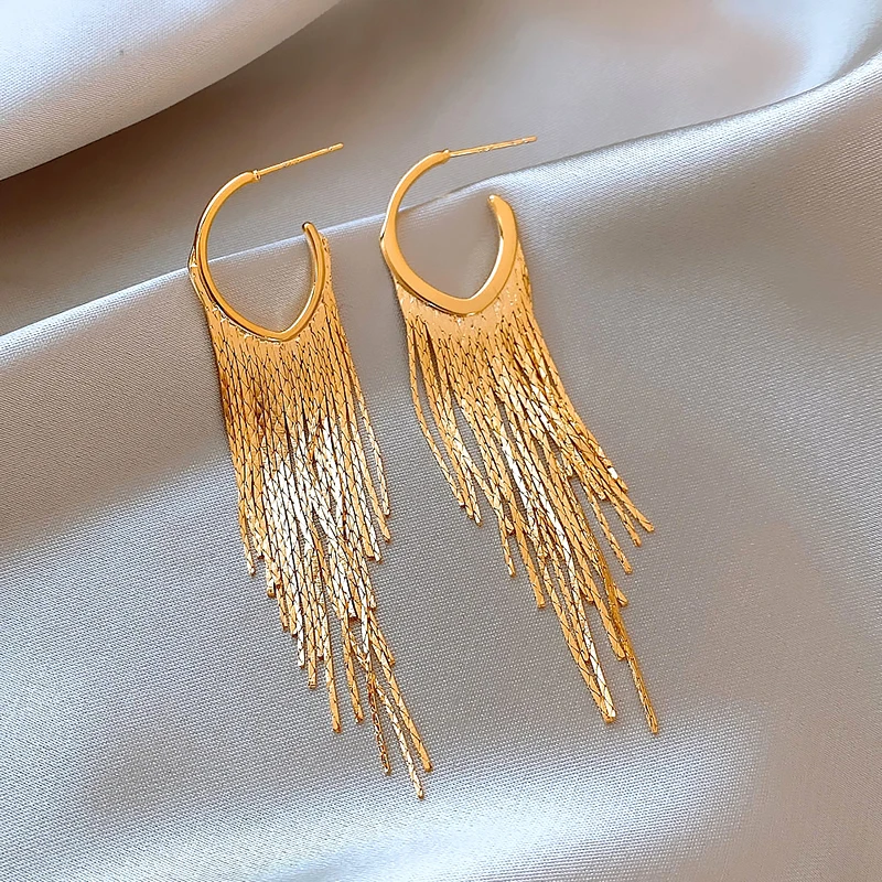 America Hot Fashion Jewelry 18K Gold plated U-shaped Metal Tassel Long Earrings Luxury Elegant Women's Party Accessories