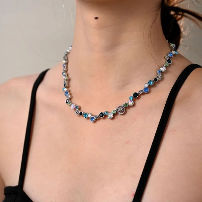 

High-end Blue Rainbow Flash Rhinestone Zircon Statement Necklace for Women Niche Design Color Zircon Fashionable Clavicle Chain