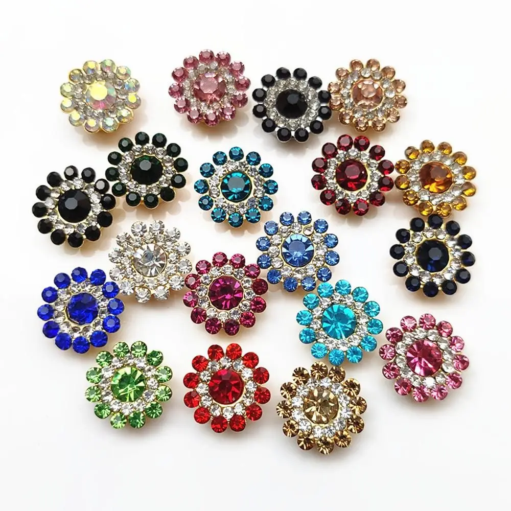 10PCS 14mm Flower-shaped Rhinestone Buttons Sparkling Crystal Glass Stone Steel Bottom Clothes Decoration Sewing Accessories