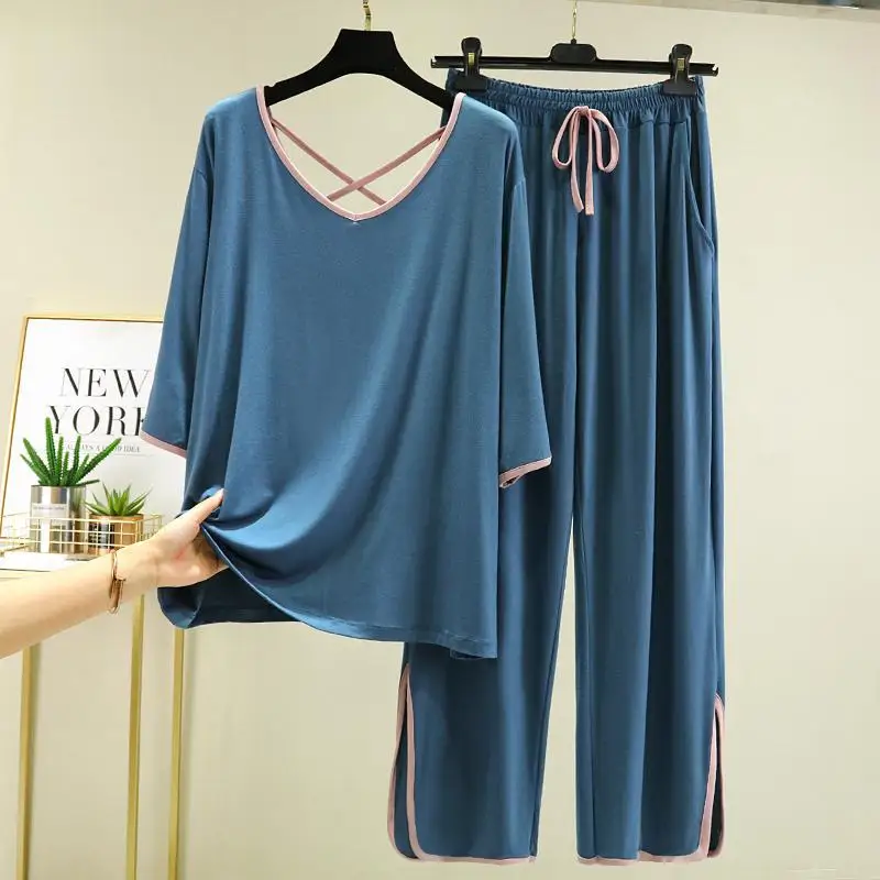 Plus Size 5XL 150kg Solid Color Autumn Home Suit Loose Sleepwear Korean Pajamas Set Trousers Elegant Harajuku Home Clothes
