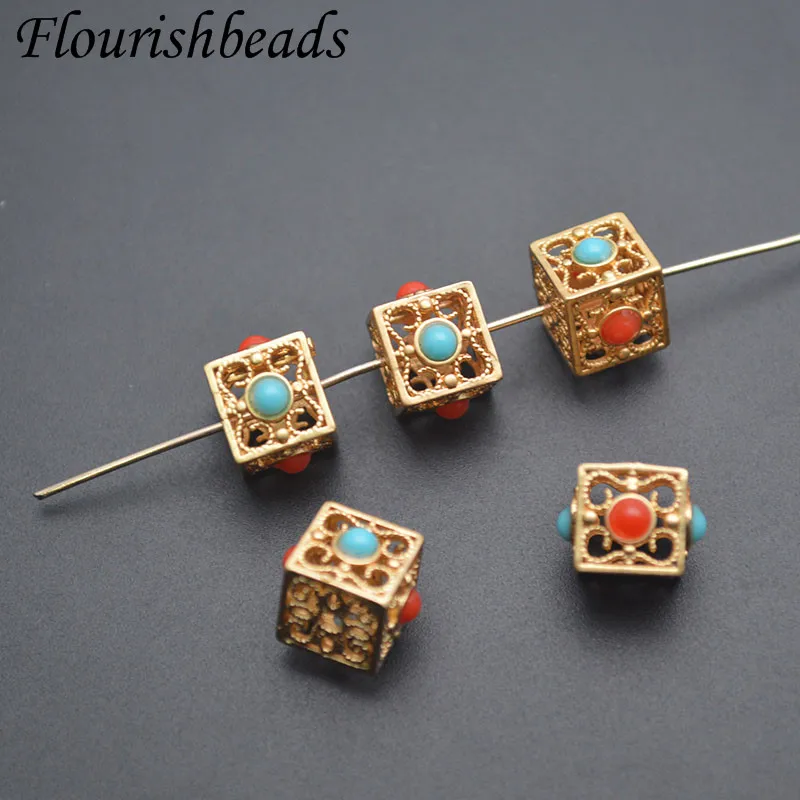 Wholesale 8mm Square Shaped Openwork Matte Gold Color Vintage Style Nepalese Beads for Women DIY Fashion Jewelry Supplies