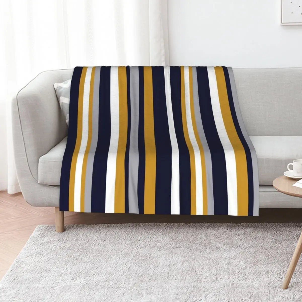 Modern Stripes Vertical Pattern in Honey Mustard Yellow, Dark Navy Blue, Gray, and White. Minimalist Color Block Throw Blanket