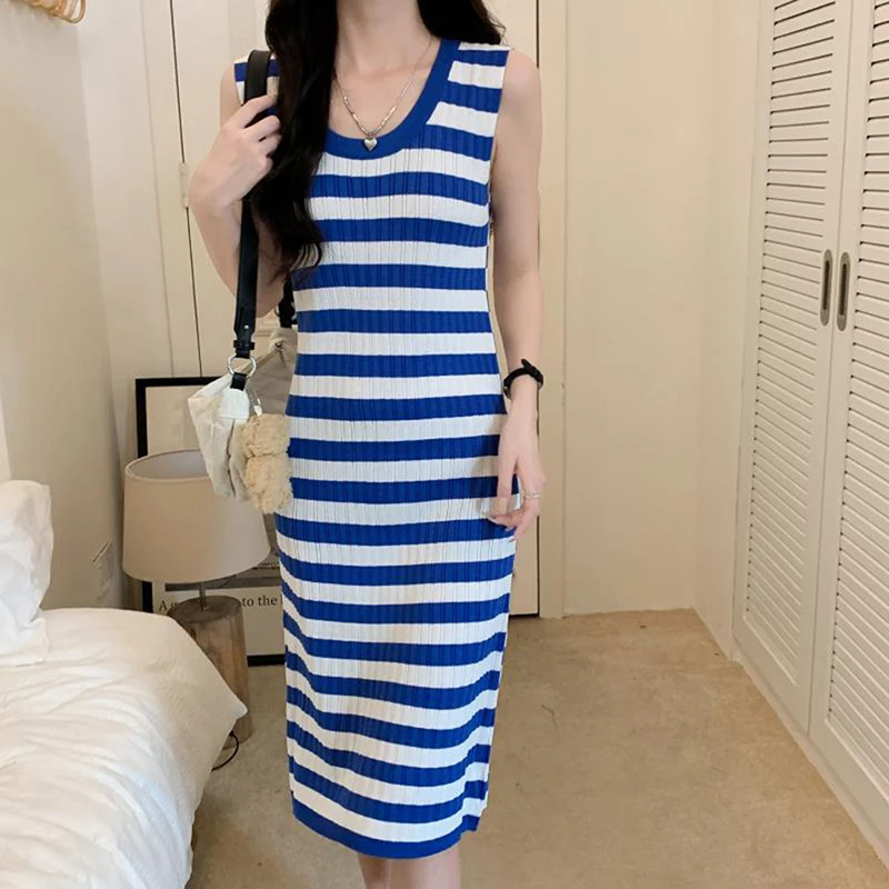 2023 Women's Wear New Korean Style Round Neck Contrast Color Striped Sleeveless Casual Dresses Midi Dress