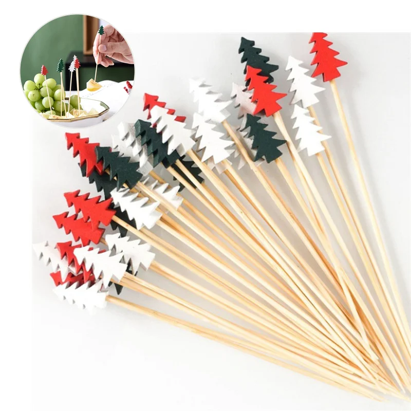 100Pcs Christmas Disposable Bamboo Skewers Santa Claus Snowman Pick Buffet Cupcake Fork Toothpick Christmas Party Decor Supplies