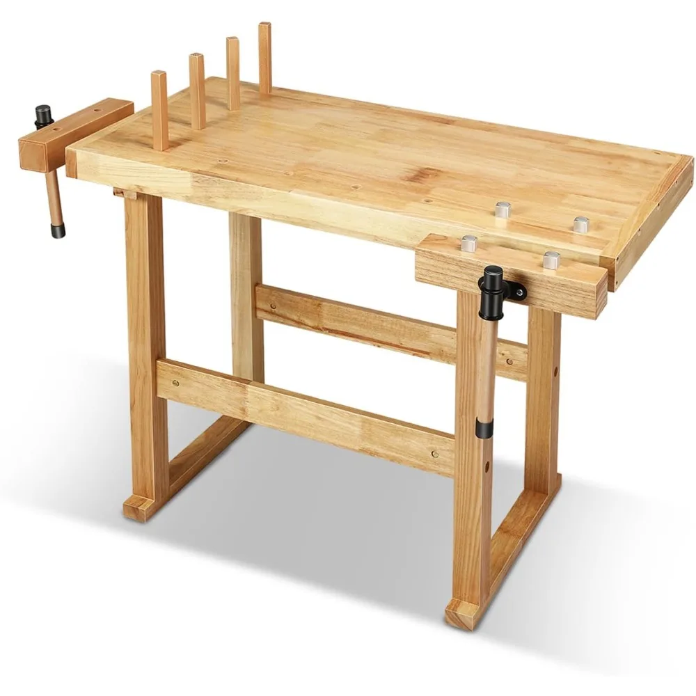 Workbench Rubber Wooden Work Bench with Open Space and Adjustable Rotating Handles Hardwood Workbench for Garage, Workshop