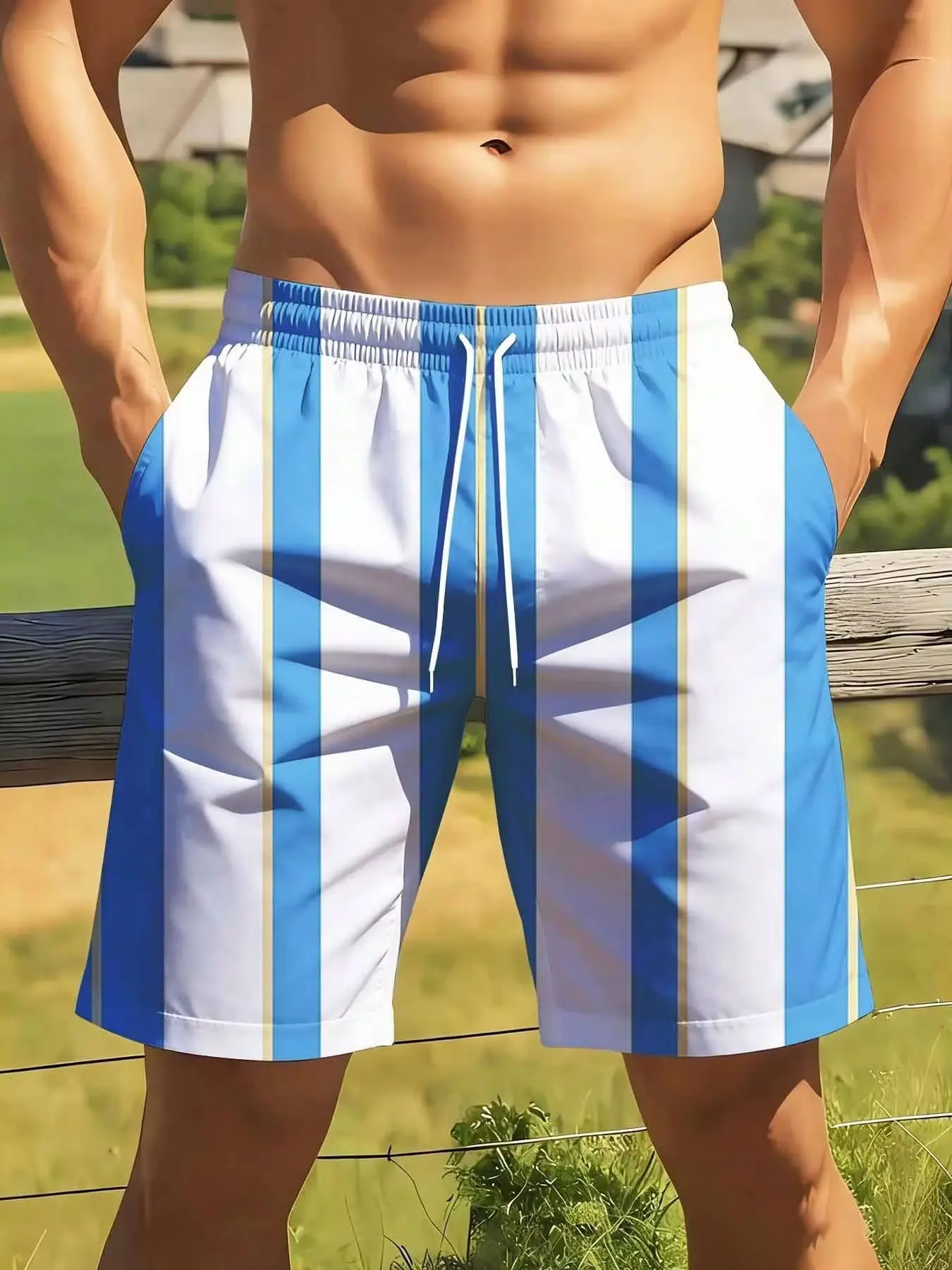 Bañador a rayas para hombre, pantalones cortos de playa con líneas verticales azules y blancas, pantalones cortos de natación de secado rápido para vacaciones de verano [talla grande; Adecuado para Ca