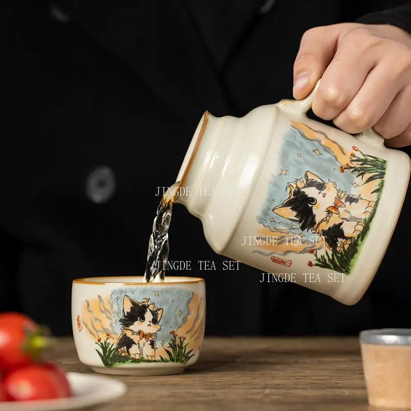 Cat Ru Kiln Ceramic Mug with Cork Lid Large Capacity Underglaze Color Tea Cup for Office Home Steeping Without Strainer