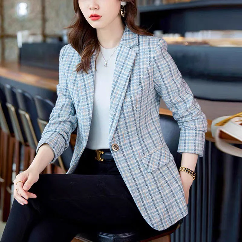 Women's Jacket Women's Coats Spring and Autumn Coat Ladies Middle-aged Button Loose Suit Jacket mom High-end Casual Plaid Suit
