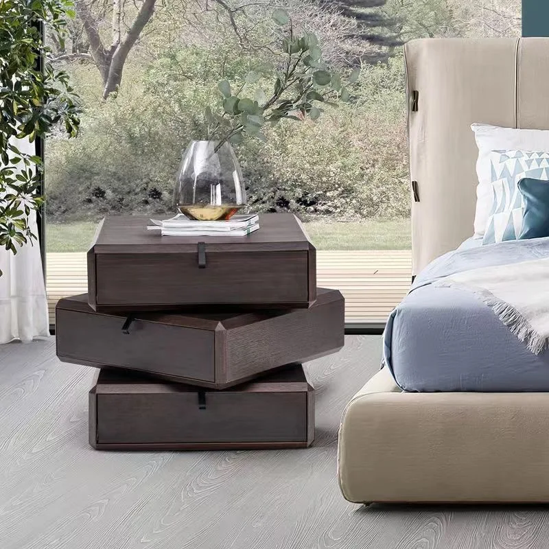 Italian minimalist all solid wood rotating bedside table bedroom simple modern light luxury chest solid wood smoked color bedsid