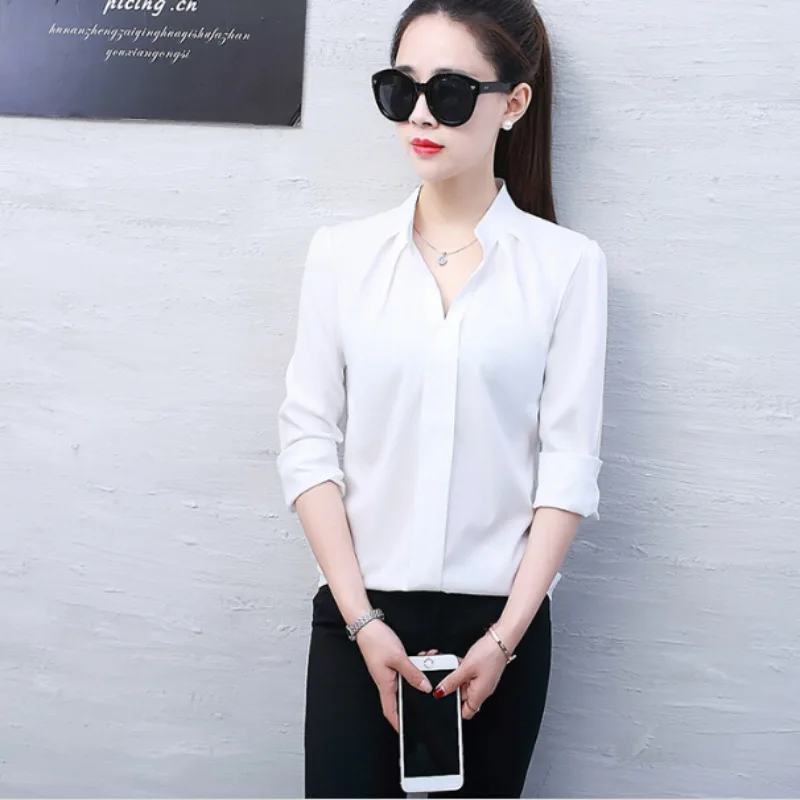 Spring Autumn Fashion Sexy V-Neck Shirt Women Formal Long Sleeve Chiffon Blouse Casual Slim Fit Base Shirt