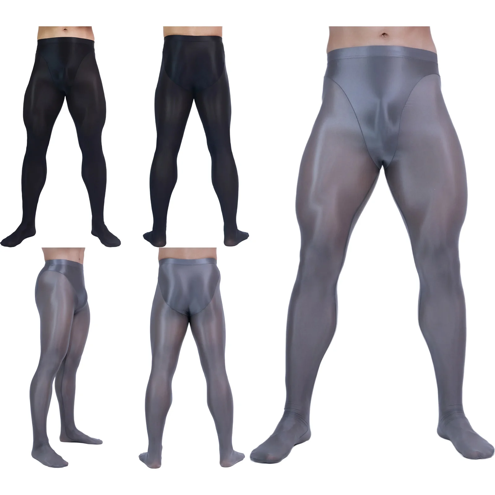 Herren Ölglänzende Transparente Strumpfhose, Glatter Durchsichtiger Zweiteiler-Look, Hochgeschnittene Strümpfe, Yoga-Tanz-Strumpfhose mit Fußteil