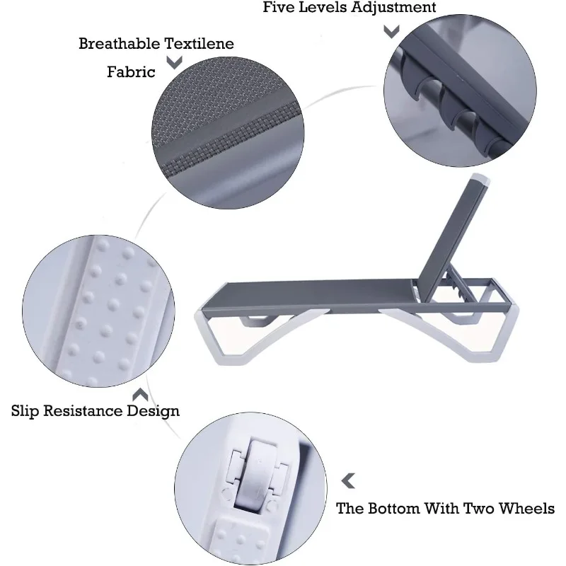 Kursi santai teras-kaki aluminium datar penuh & Resin, kursi malas luar ruangan dapat disesuaikan untuk berjemur, pantai, teras