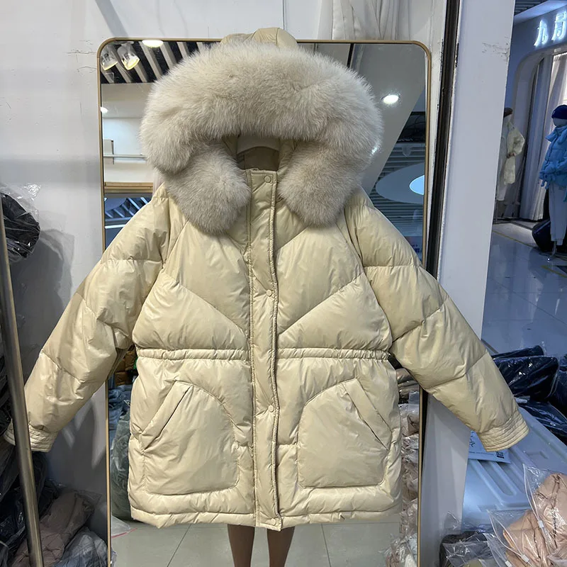 Chaqueta con capucha para mujer, abrigo de plumón de pato blanco, holgado, con cuello de piel de zorro Real, de lujo, cálido, para invierno, 2022, novedad de 90%