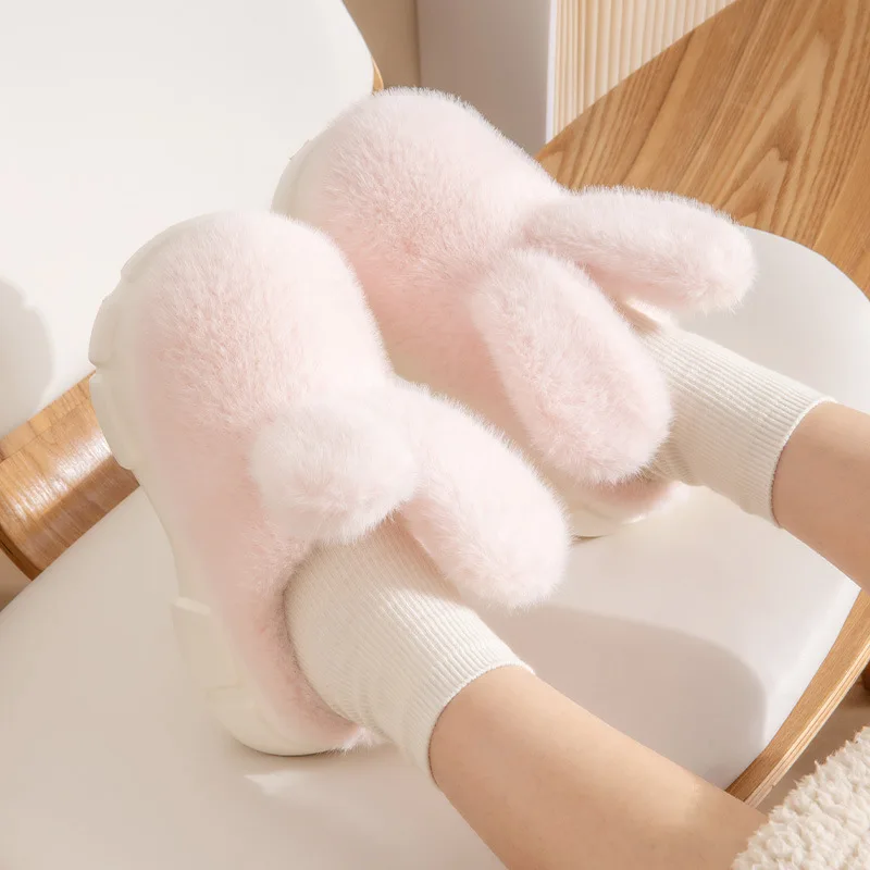 Schattige Konijnenoor Katoenen Slippers Vrouwen Warm Nepbont Binnenschoenen Dikke Zool Dames Winterplatform Glijbanen Huis Pluizig Schoeisel