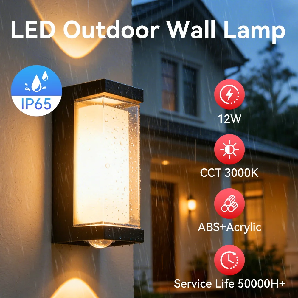 12W Dual-Sided Outdoor Wall Light IP65 Waterproof Warm White High Brightness 85-265V Wall Lamp for Porch Stairs Garden Patio image 3